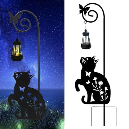 Solar Cat Lantern Garden Stakes 28.7in Metal Outdoor Night Light - color: Black Cat