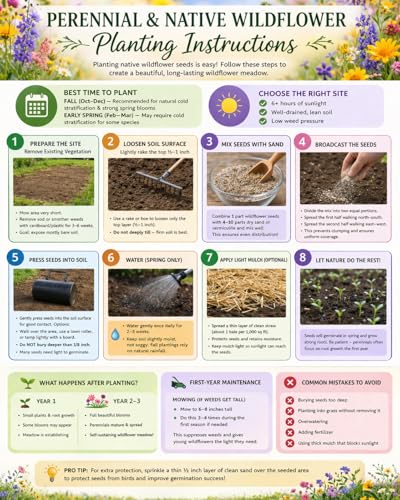 All US Zones All Perennial Wildflower Seed Mix 1/4 Pound Covers 500 sqft Non-GMO Includes Drought Tolerant Species