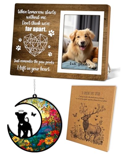 Memorial Picture Fram&Dog Memorial Suncatcher Gift Set, Pet Picture Frame, Sympathy Gifts for Loss of Loved Pet, Bereavement Gifts for Loss of Dog, Remembrance Photo Frame or Memorial Gift, Fits 4x6In Photo(GXK03) - color: GXK03