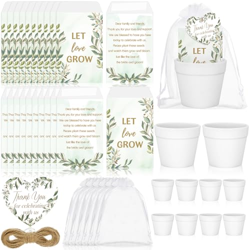 Ctosree 50 Sets Let Love Grow Wedding Favors for Guests Include Self Adhesive Seed Packets (Seed Not Include) White Flowerpot Thank You Tags and Organza Gift Bags for Bridal Shower Wedding Party Favor - color: Eucalyptus Leaf Theme