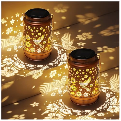 2 Pack Hummingbird Solar Lanterns Outdoor Waterproof Garden Decor Birthday Gifts for Women Mom Grandma Hanging Solar Lights Metal Lantern Decoration Outside for Porch,Patio,Yard,Backyard - style: K. 2 Pack Hummingbird Lantern