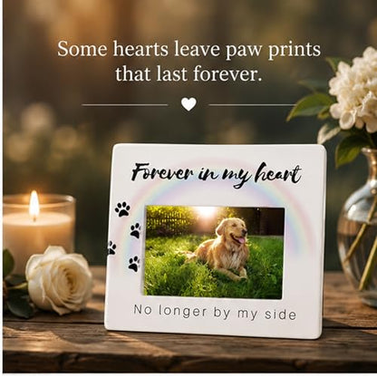 BANBERRY DESIGNS Dog Memorial Picture Frame for the Loss of Pet - Pet Sympathy Gift for Dog Loss - Rainbow Bridge Memorial Frame -No Longer By My Side Forever In My Heart - Photo Opening is 4" X 6"