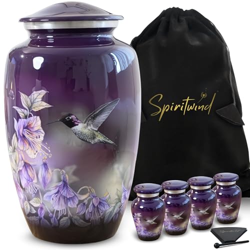 Beautiful Anna's Hummingbird Urns for Human Ashes Adult Female - Set of 5 | Beautifully Packaged 1 Large Purple Cremation Urn for Ashes for Women and 4 Keepsake Urns - Funnels & Velvet Bag Included - size: Urn Set (5 Pieces)