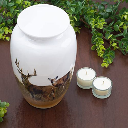 BOLD & DIVINE Hand Painted Deer Grazing Cremation Urn | Human Ashes Adult Memorial urn, Burial, Funeral Cremation Urns | 200 Cubic Inches (Large Adult Urn) with Unique Velvet Bag