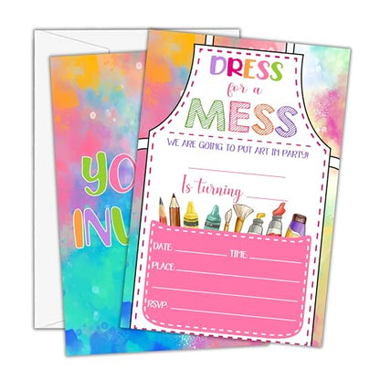 Invitations for Girls Boys - Art Painting Bday Invites with Envelopes(25-Count) - Paint Craft Fill-in Invite Cards for Party Supplies Favors Decorations - F18 - style: Dress for a Mess