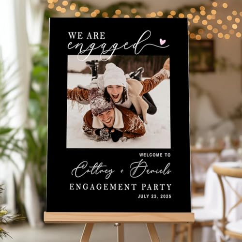 Customized Engagement Party Welcome Sign with Personalized Photo | Custom Couple Names & Date | Black Engagement Backdrop | Waterproof PVC Celebration Board - color: Design 14