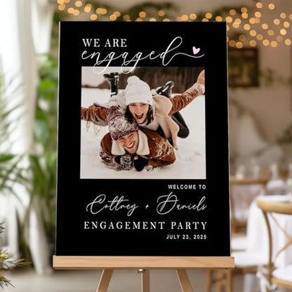 Customized Engagement Party Welcome Sign with Personalized Photo | Custom Couple Names & Date | Black Engagement Backdrop | Waterproof PVC Celebration Board - color: Design 14