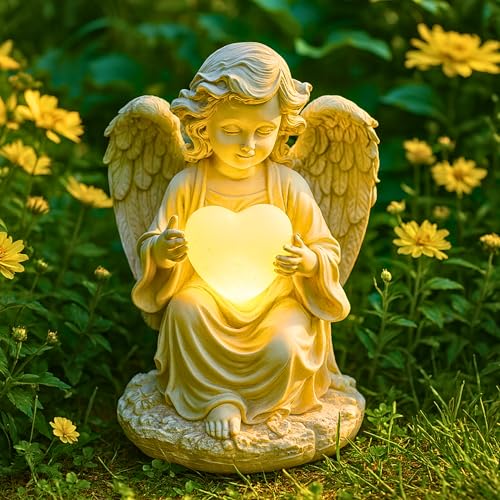 TIALLY Solar Angel Garden Statue with Heart, 12" Memorial Light Up Angel | Glowing Lighted Heart Bright Every Night, Weatherproof Resin Built to Last - a Sympathy Garden Gift for Women, Mom and Dad - size: Large