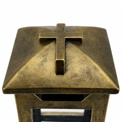 Cross Memorial Lantern - Antique Copper Resin Outdoor Cemetery Lantern with Real Glass, Christian Sympathy Gift for Loss of Loved One