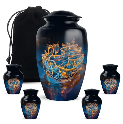 Yatskia Golden Music Large Cremation Burial Urn for Ashes Adult Men and Women, Small Funeral Keepsake Urns for Human Ashes Adult Female, (Classic 10 Inch and 3 Inch) - color: #3 Music, size: Combo Pack of 5