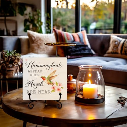 Hummingbird Memorial Wooden Desk Sign, Sympathy Gifts for Loss of Loved One, Hummingbirds Appear When Angels Are Near Memorial Wood Plaque With Stand for Home Room Decorations, 5x5 Inch