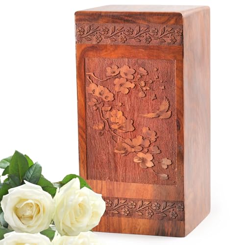 Cherry Blossoms Adult Ashes Urn 10 Inch, Wooden Memorial Urns for Female | Decorative Cremation Urns for Men, Burial Urn 200 Cu" for Adult Human Ashes