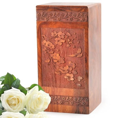 Cherry Blossoms Adult Ashes Urn 10 Inch, Wooden Memorial Urns for Female | Decorative Cremation Urns for Men, Burial Urn 200 Cu" for Adult Human Ashes