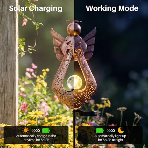 Edenseelake Angel Solar Lights Stake with Crackle Glass Globe Waterproof, Metal Garden Decor Stake LED Light, Memorial Gift for Mom, Women, Friends, Patio, Yard