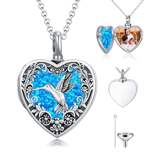 Personalized Heart Urn Locket Necklace for Ashes and Pictures 925 Sterling Silver Customized Locket Cremation Necklace for Ashes Memorial Keepsake Jewelry for Women - color: Opal Hummingbird Urn Locket, style: Custom