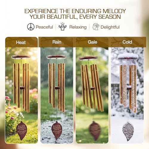 Memorial Wind Chimes for Outside, Golden Leaf Pendant, Deep Tone 6 Aluminum Tubes & Pine Wood, Sympathy Gift for Loss of Loved One, Acrylic Heart Plaque, Letter from Heaven & a Keychain - color: Gold Leaf Design