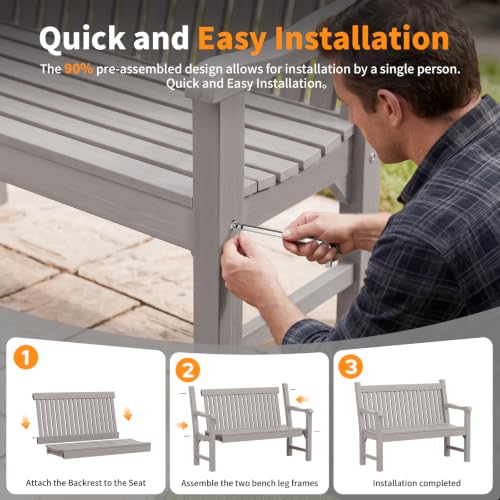 2-Person Outdoor Bench with 700 Lbs Weight Capacity, Grey | Poly Lumber Weatherproof Garden Bench Seating for Porch, Balcony and Park, All-Weather Patio Bench Furniture - color: Grey