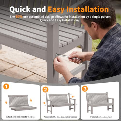 2-Person Outdoor Bench with 700 Lbs Weight Capacity, Grey | Poly Lumber Weatherproof Garden Bench Seating for Porch, Balcony and Park, All-Weather Patio Bench Furniture - color: Grey