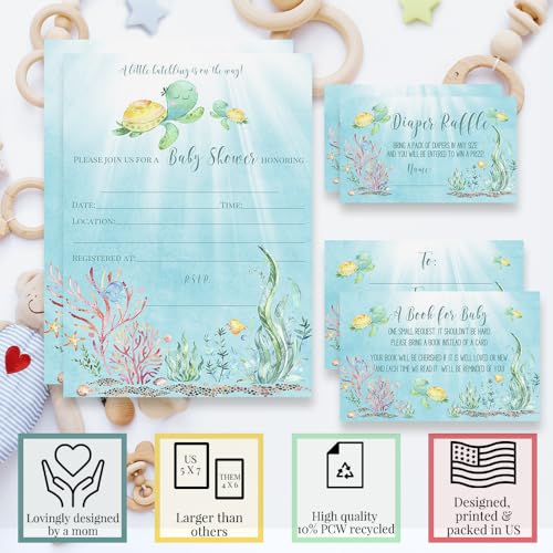 Amanda Creation Sea Turtle Baby Shower Invitations, 20 Pack 5x7 Under the Sea Kit with Diaper Raffle, Book Request Cards & Envelopes - style: Sea Turtle