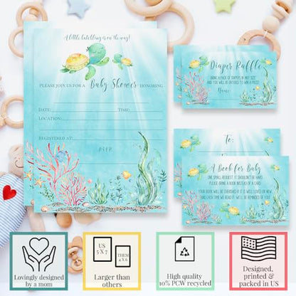 Amanda Creation Sea Turtle Baby Shower Invitations, 20 Pack 5x7 Under the Sea Kit with Diaper Raffle, Book Request Cards & Envelopes - style: Sea Turtle
