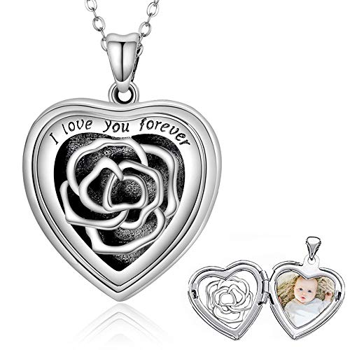 SOULMEET Personalized Silver Locket Necklace That Holds Pictures Photo Keep Someone Near to You, Memorial Custom Lockets Necklaces Letters Engraving for His Her - color: B-Rose-Black, style: Locket+Custom Photo