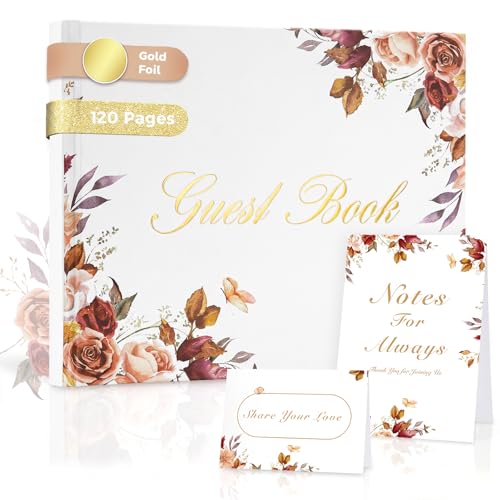 Wedding Guest Book Set, Vintage Rose Hardcover, Gold Foil, 120 Pages - color: Red