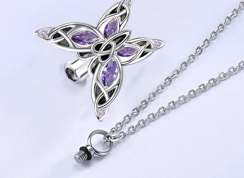 Q&D&S Cremation Butterfly Urn Necklace Jewelry for Ashes for Women Stainless Steel Inlaid Crystal Memorial Pendant Human Pet Ash Holder Gift A Loss of Loved Ones - color: purple