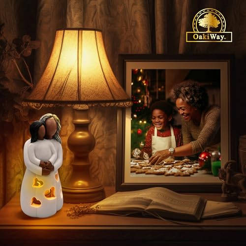 Grandma-Granddaughter Hand-Painted Candle Holder Statue W/Flickering LED Candle | Unique Nana Present Ideas for Christmas, Gigi Grandmother Birthday Gift, Greeting Card Included (Dark) - color: Grandma & Granddaughter (Dark)