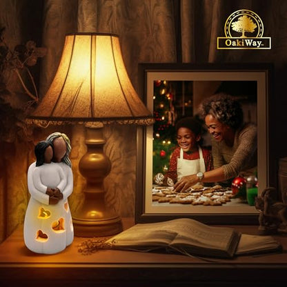 Grandma-Granddaughter Hand-Painted Candle Holder Statue W/Flickering LED Candle | Unique Nana Present Ideas for Christmas, Gigi Grandmother Birthday Gift, Greeting Card Included (Dark) - color: Grandma & Granddaughter (Dark)