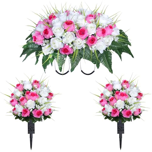 3 PCS Artificial Cemetery Flowers for Grave, Headstone Flower Saddle | Artificial Rose Cemetery Memorial Flowers with Vases for Outdoor Grave Tombstone Decorations - color: Pink and White