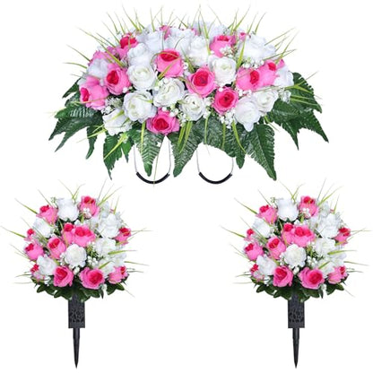3 PCS Artificial Cemetery Flowers for Grave, Headstone Flower Saddle - color: Pink and White