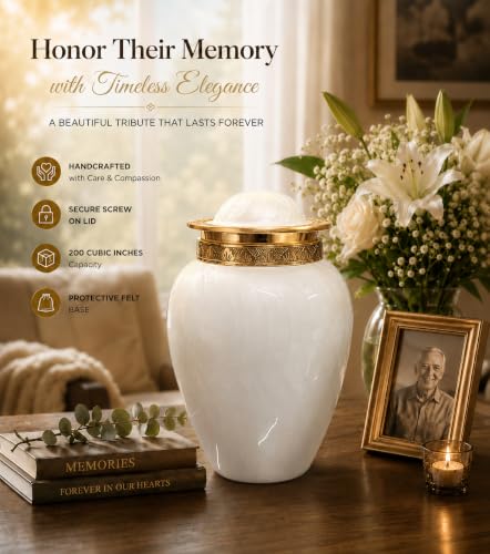 BOLD & DIVINE Pearl White Cremation Urn | Human Ashes Adult Memorial urn, Burial, Funeral Cremation Urns | 200 Cubic Inches (Large/Adult) with Velvet Bag