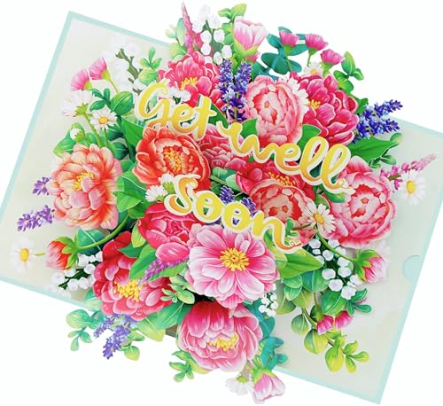 Peony Get Well Soon Cards Pop Up, 3D Encouragement Get Better Soon Card, Colorful Thinking of you 3D for Speedy Surgery Recovery, Feel Better Soon, Kids, Friends (Peony GW) - color: Peony Get Well Soon
