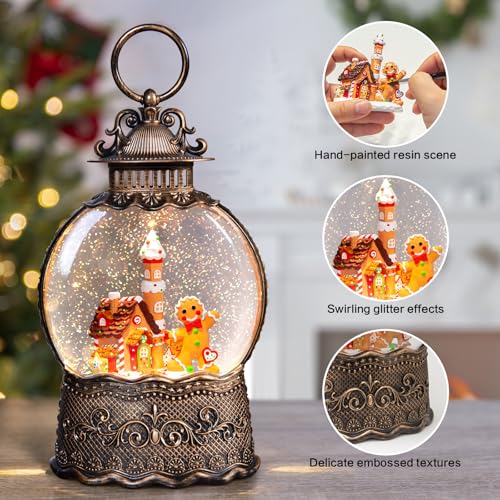 Christmas Snow Globes Lantern, Gingerbread Man Musical Snow Globes with Swirling Glitter Effects, USB/Battery Powered with 6-Hour Timer, Christmas Decorations - color: Gingerbread Man