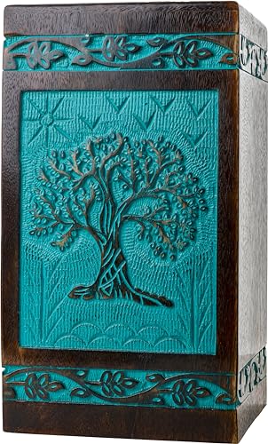 Tree of Life Wooden Urn for Human Ashes, Medium 115 cu in, Teal Green - color: Teal Green, size: Medium (115 cu in)