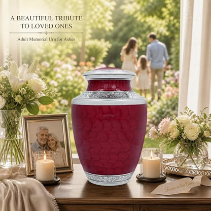 CLEENTABLE Metal Alloy Cremation Urn for Human Ashes, Maroon & Silver - color: Maroon, size: 6.5x11"