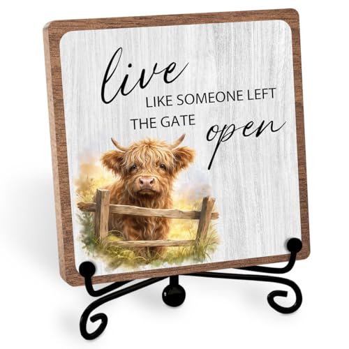 Highland Cow Wooden Sign Gift, Funny Rural Farmhouse Inspirational Decor | Rustic Desk Tabletop, Positive Quotes Decor for Home Office Bedroom, Faith Plaques for Women Men Friend - style: Highland 01