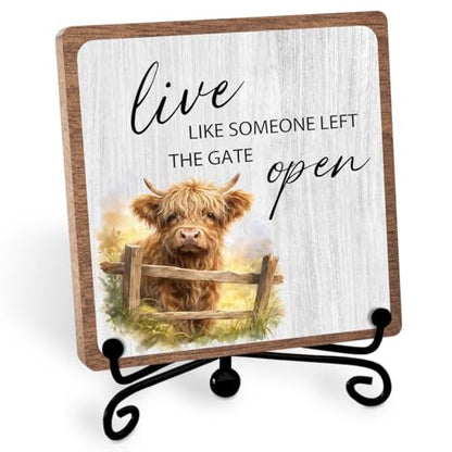Highland Cow Wooden Sign Gift, Funny Rural Farmhouse Inspirational Decor | Rustic Desk Tabletop, Positive Quotes Decor for Home Office Bedroom, Faith Plaques for Women Men Friend - style: Highland 01