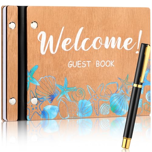 Skyygemm Beach Vacation Rental Guest Book with Pen, Wooden Scrapbook - style: Welcome Visitor