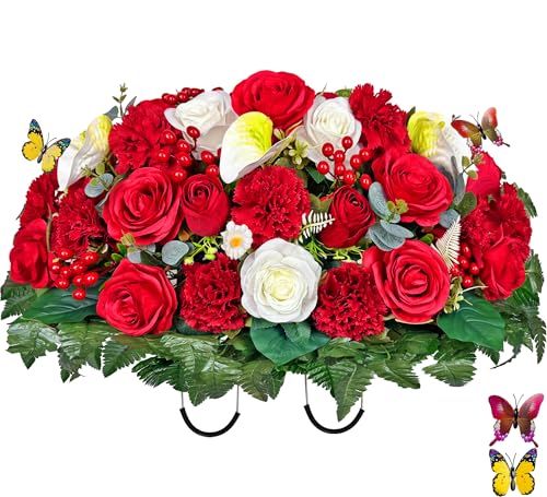Artificial Cemetery Flowers - Headstone Flower Saddle - Outdoor Grave Decorations - Realistic Red Rose Carnation Mix Bouqet with 2 Lovely Butterflies