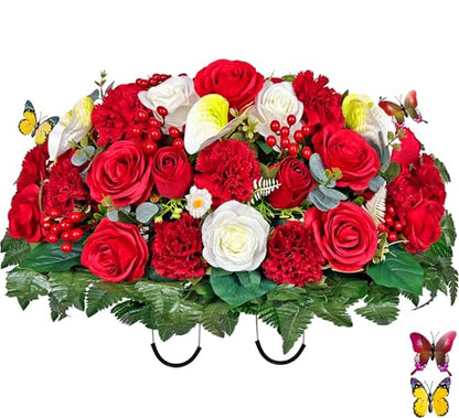 Artificial Cemetery Flowers - Headstone Flower Saddle - Outdoor Grave Decorations - Realistic Red Rose Carnation Mix Bouqet with 2 Lovely Butterflies