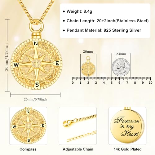 Aniu S925 Sterling Silver Urn Necklace Cremation Jewelry for Ashes - color: Gold - Compass - A