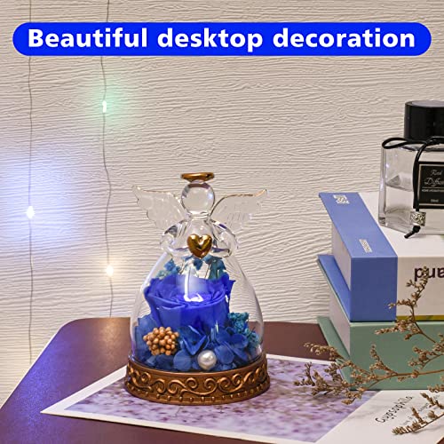 Preserved Real Rose in Glass Angel Figurine with LED Light, Angel Gifts for Women, Mom, Grandma on Mother's Day Christmas Birthday (Navy) - color: Navy Blue