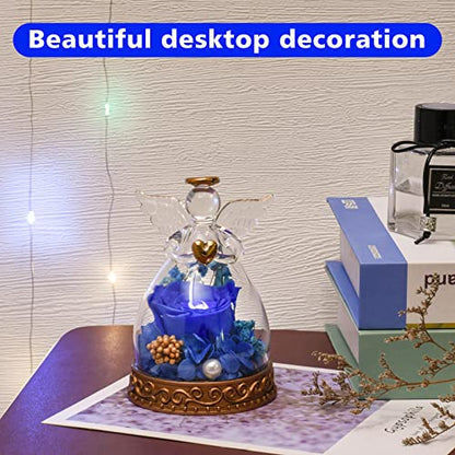 Preserved Real Rose in Glass Angel Figurine with LED Light, Angel Gifts for Women, Mom, Grandma on Mother's Day Christmas Birthday (Navy) - color: Navy Blue