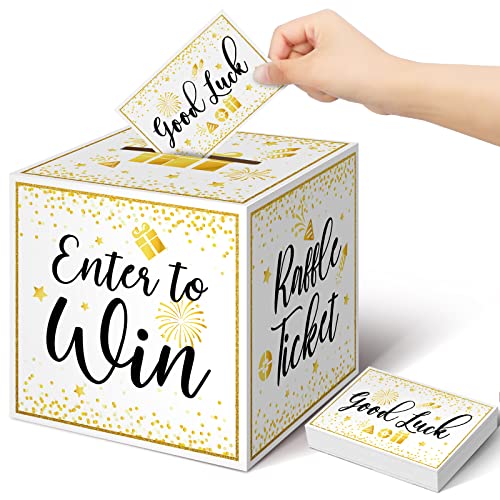Colarr 1 Pack Raffle Box with Tickets, Gold Ballot Box with Slot Enter Win | Raffle Tickets and Box, Good Suggestion Cards for Party Fundraiser Voting, Ticket Holder Collection Box