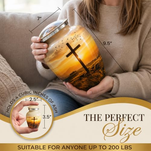 Custom Engraved Plaque Serenity Sunset Cross Urn for Human Ashes Set of 6 Includes 1Large Funeral Urn for Adult Male & Female with 4 Small Keepsake Urn & 1 NecklaceUrn to Memory of Your Loved Ones - color: Serenity Cross Set - Plaque