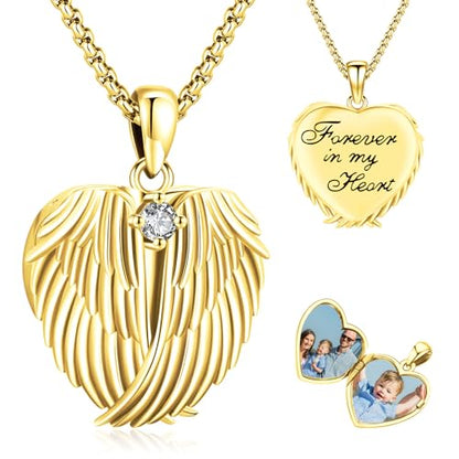 Picture Locket Necklace for Women Men Rose 14K Real Gold 925 Sterling Silver Jewelry Heart Locket Necklace that Holds Pictures Tree of Life Viking Wolf Celtic Knot St Christopher St Michael Pendant - color: G-Heart Wing Locket-K gold-plated