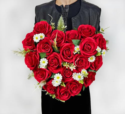 Artificial Cemetery Flowers, Grave Memorial Flowers with Ground Spike,Heart Shaped Wreaths Rose Daisy for Gravesites Decoration（Red）