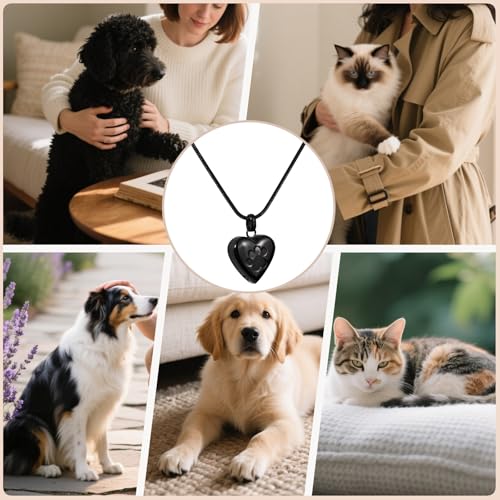 LittleFlower Paw Print Heart Pet Ashes Urn Necklace, Keepsake Pendant-Black - style: Black