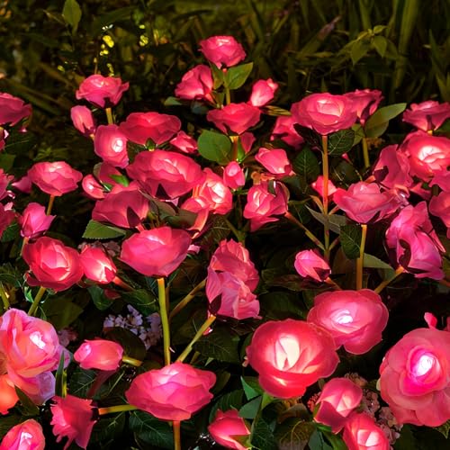 Anordsem Solar Garden Lights Outdoor: Waterproof Fabric Roses - Red LED Flower Decorations for Yard Patio Path Cemetery Grave - Birthday Gifts for Women Mom Wife - 6 Pack Pink - color: Pink, size: 6 Pack